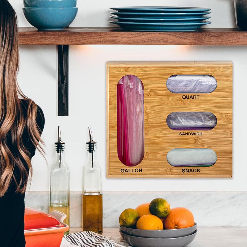 Bamboo Wood Drawer Baggie Organizer With 4 Compartments Fresh-keeping Kitchen Container Storage Bag Organizer Kitchen Drawer