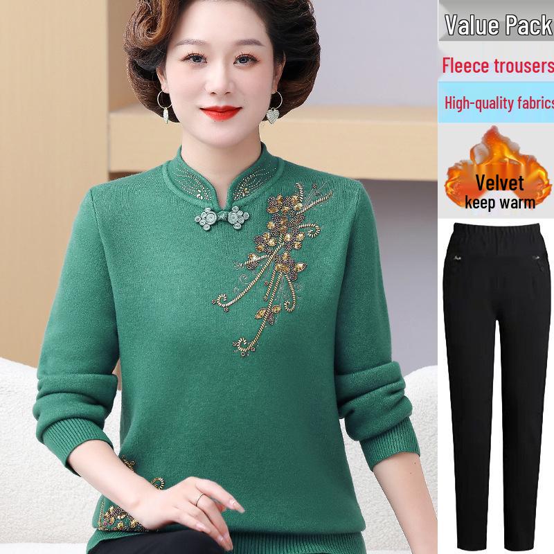 Mom's Chinese Embroidered Top: Fashionable Plus Velvet Sweater for Middle-Aged & Elderly Women, Autumn/Winter Base Layer