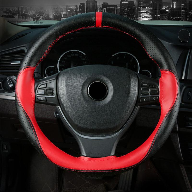 Hand-Sewn Sporty Color-Block Microfiber Leather Steering Wheel Cover All-Season Universal Fit Car Accessory