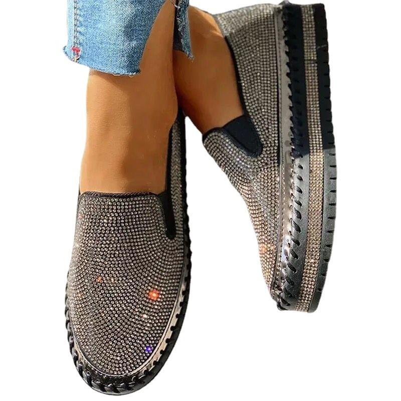 Stor storlek platta enkelsskor dam vår och sommar nya färgade strass en-pedal tjocka sulor muffin skor casual