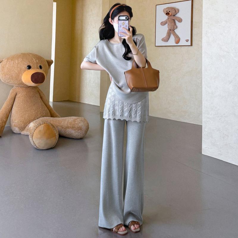 2026 Summer Korean Style Maternity Knit Top & Lace Pants Set Double Extra Large