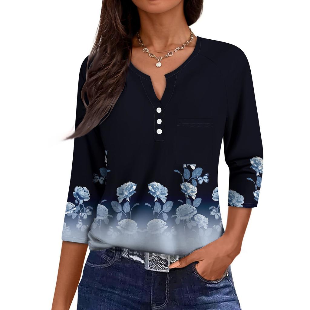 Women's Casual Fashion V-neck Loose Versatile Floral Print Three-quarter Sleeves