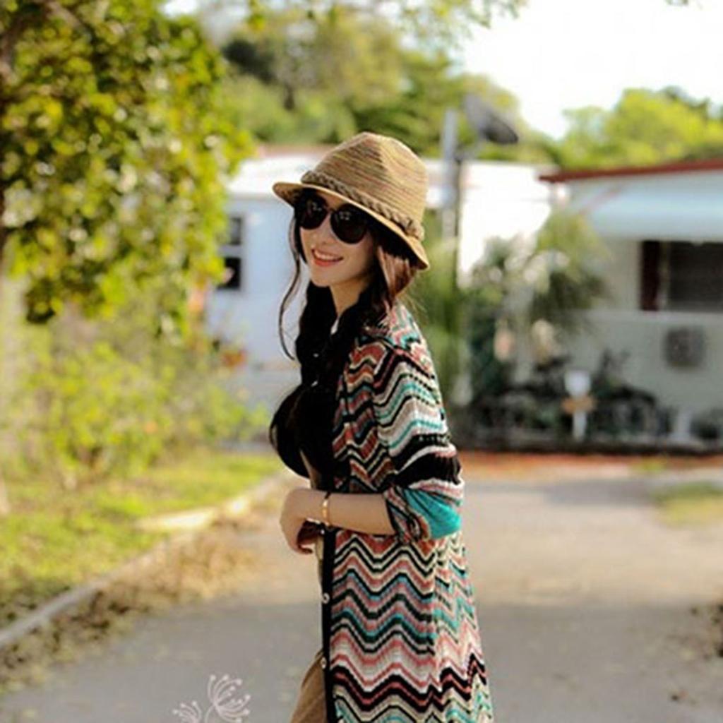 Kvinnor sommar Bohemia stil halmhattar Vikbar randig flätad rep strandsolhatt