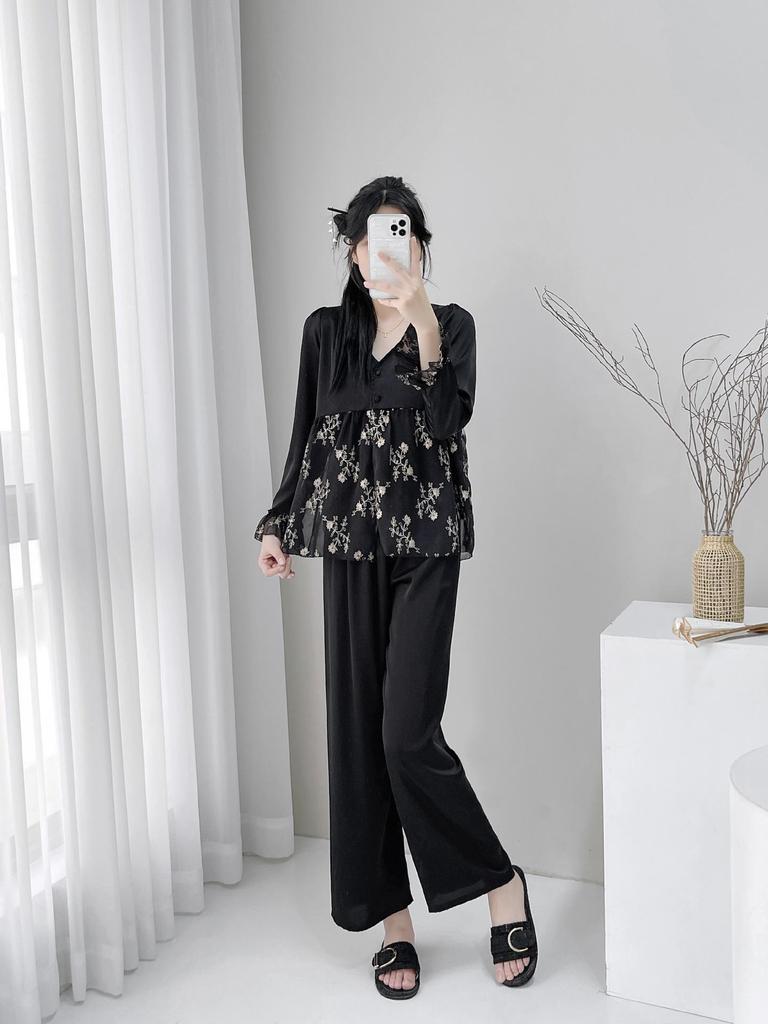 2025 Damen Spitzen Eisseiden Pyjama Dreiteiliges Set - Prinzessinnenstil Langarm & Hose für Zuhause oder Outdoor