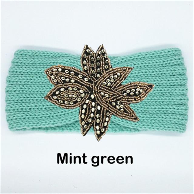 Crystal Beaded Flower Knit Headband For Women Winter Wool Ear Warmer Hairband Turban Headwrap Hair Accessories Bandeau