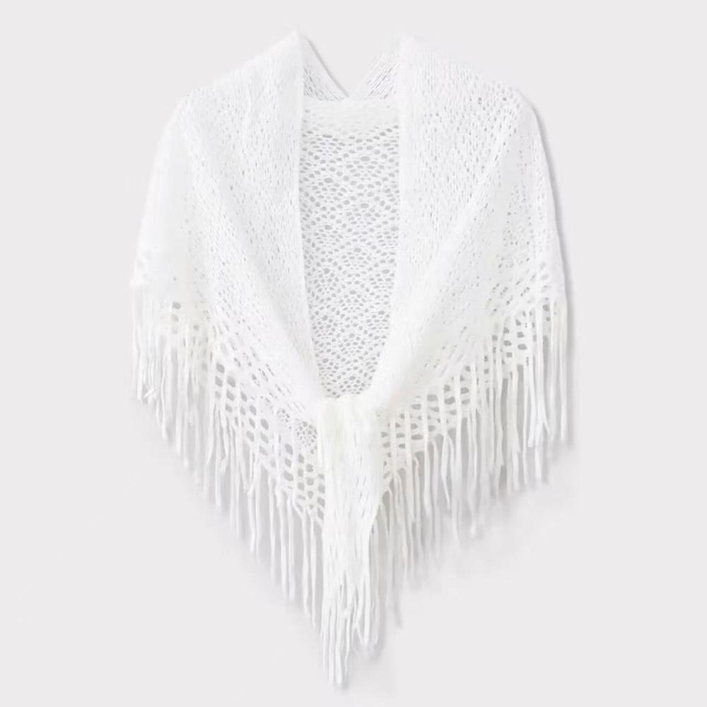 Cape Knitted Triangle Scarf Cloak Hollow Out Scarves Simple Tassels Shawl Female белый