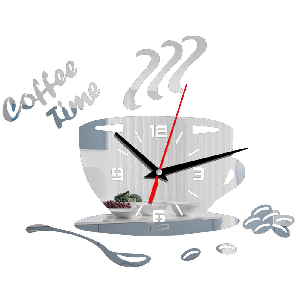 Horloges Murales 3D Miroir en Forme de Tasse à Café Design Moderne Autocollant d'Horloge Murale Créative Pour DIY Cuisine Salon Décorations de Maison