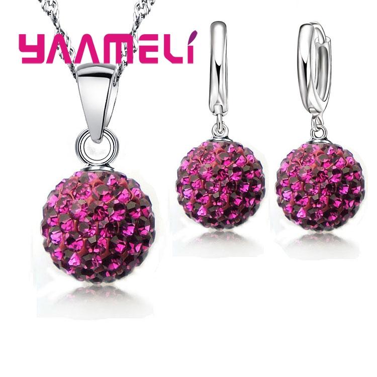 925 Sterling copper Stamped Bridal Zircon Sets Women Girls Wedding Gifts Austrian Crystal CZ Disco Ball Necklace Hoop Earrings