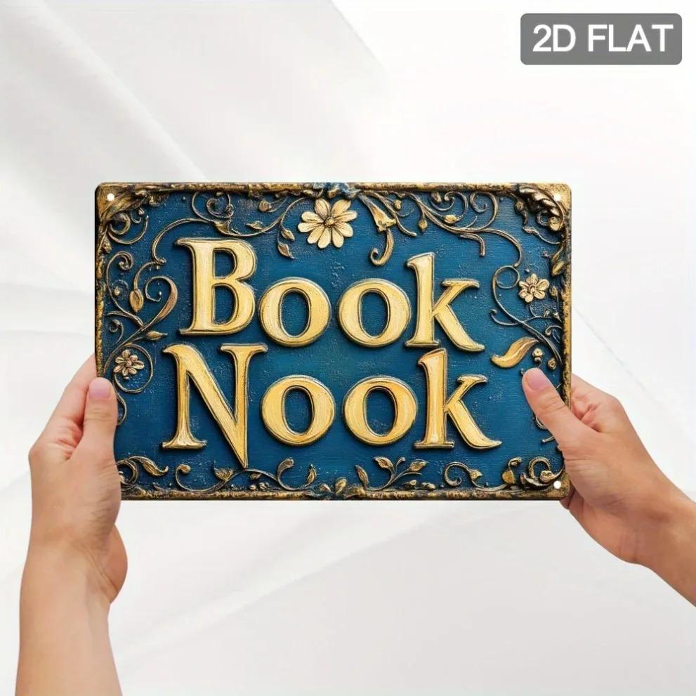 Vintage Rustic Book Nook Metal Wall Sign Floral Gold Letters Home Decor Gift