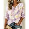 Women's Vintage Burgundy Rose Tie Neck Blouse Ruffle 3/4 Sleeve Relaxed Fit Daily Office Dating Shirt