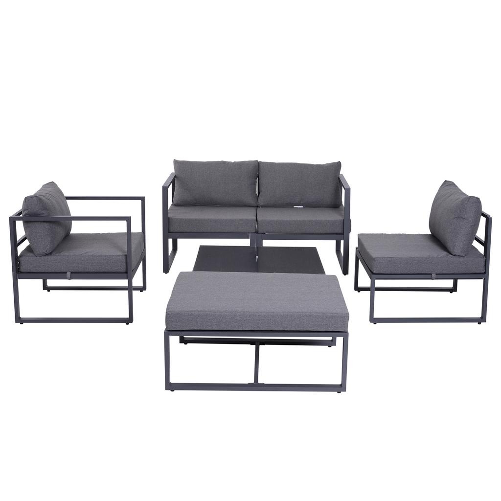 6 PCs Outdoor Indoor Sectional Sofa Set Thick Padded Cushions Aluminium Frame 5 Seaters 1 Coffee Table Footrest Grey