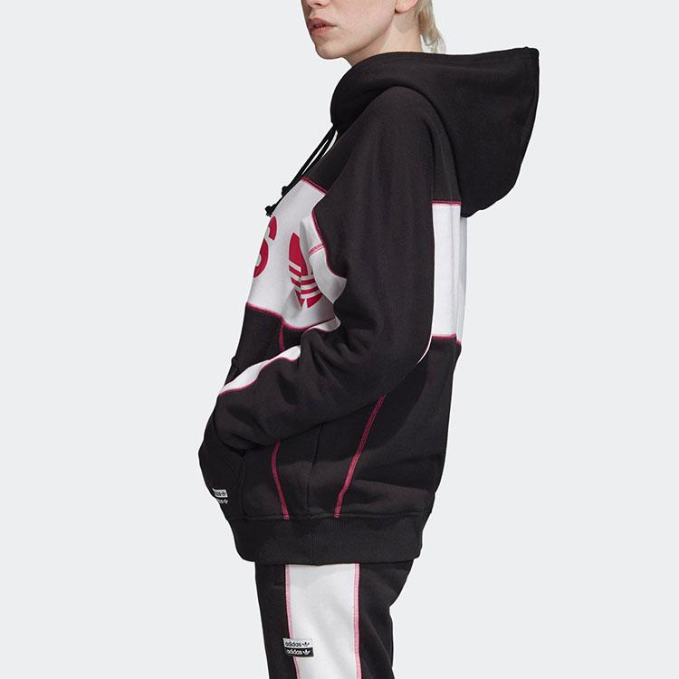 adidas Originals Langer Hoodie Großes Logo Amerikanischer Vintage Farbblock Kapuzenpullover Damen Hoodies Schwarz FH7564
