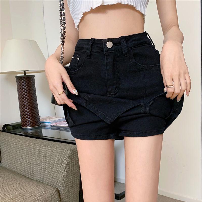 Youthful and Slimming Half-body Skirt Elastic High-waisted A-line Short Skirt Pants Split Package Hip Black Skirt Ms. Summer Fashion Denim Short Skirt