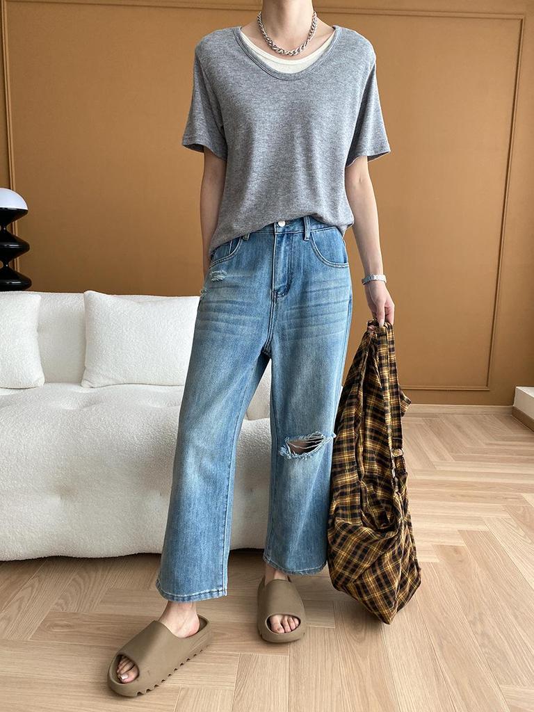 Sinan Casual Blogger Style Round Neck Two-Piece Knit T-Shirt (Short-Sleeved) - SN5531