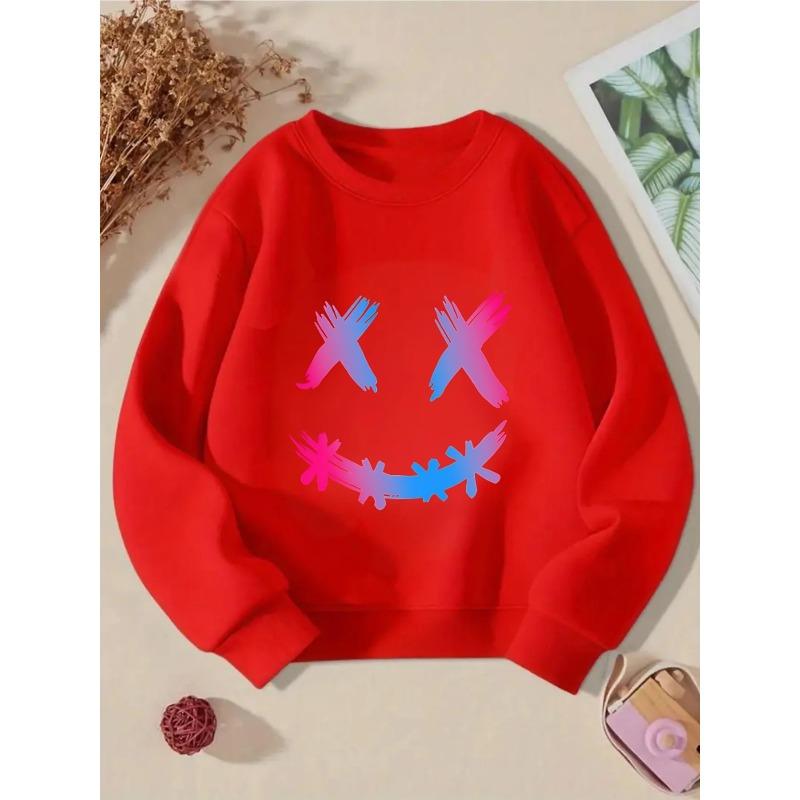 Unisex Crewneck Sweatshirt , Pink Blue Gradient X Eyes Smile Pattern, Machine Washable, Spring and Autumn, Sportswear and Casual Wear, Soft