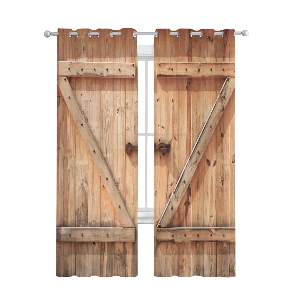Wooden Door Artistic Texture Classic Vintage Transparent Curtains Living Room Window Panel Soft Tulle Curtains For Bed Chamber Cooking Area Home