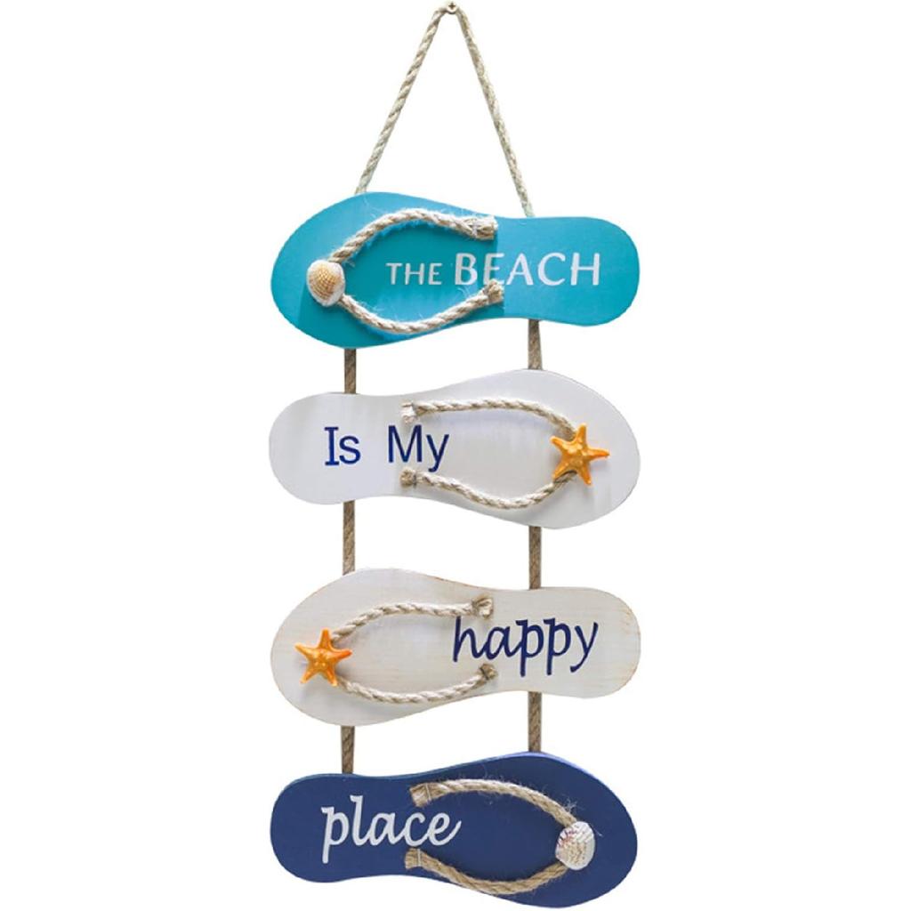 Wooden Wall Decorative Sign Wood Plaque,Wall Ornament Hanging Wooden Slippers Decoration,Beach Flip Flop Decoration Flip Flop (the beach is my happy