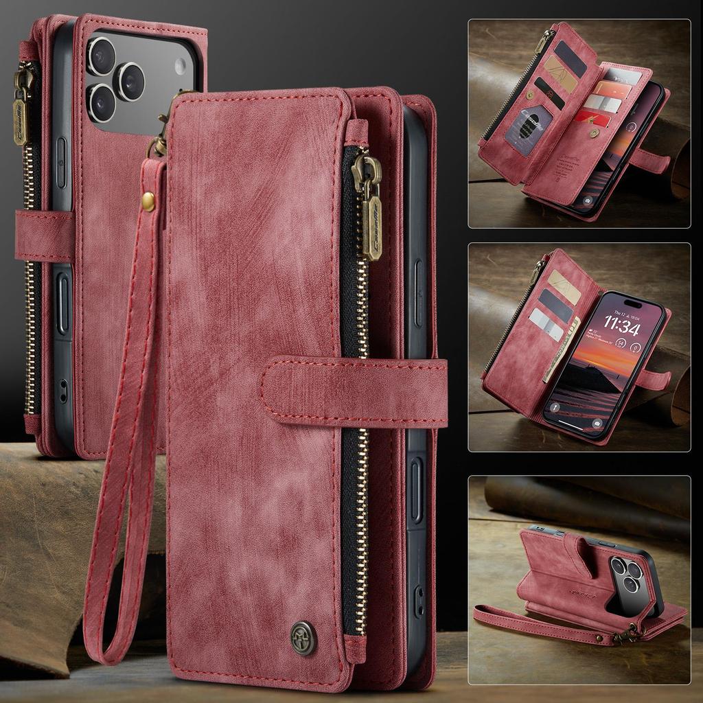 CaseMe-C30 Luksusowe Premium Etui Portfel ze Skóry PU Dla iPhone17 16 15 14 13 Pro Max Wielofunkcyjne Etui z Zamkiem Błyskawicznym na Karty Osłony Ochronne Skórki+Pasek