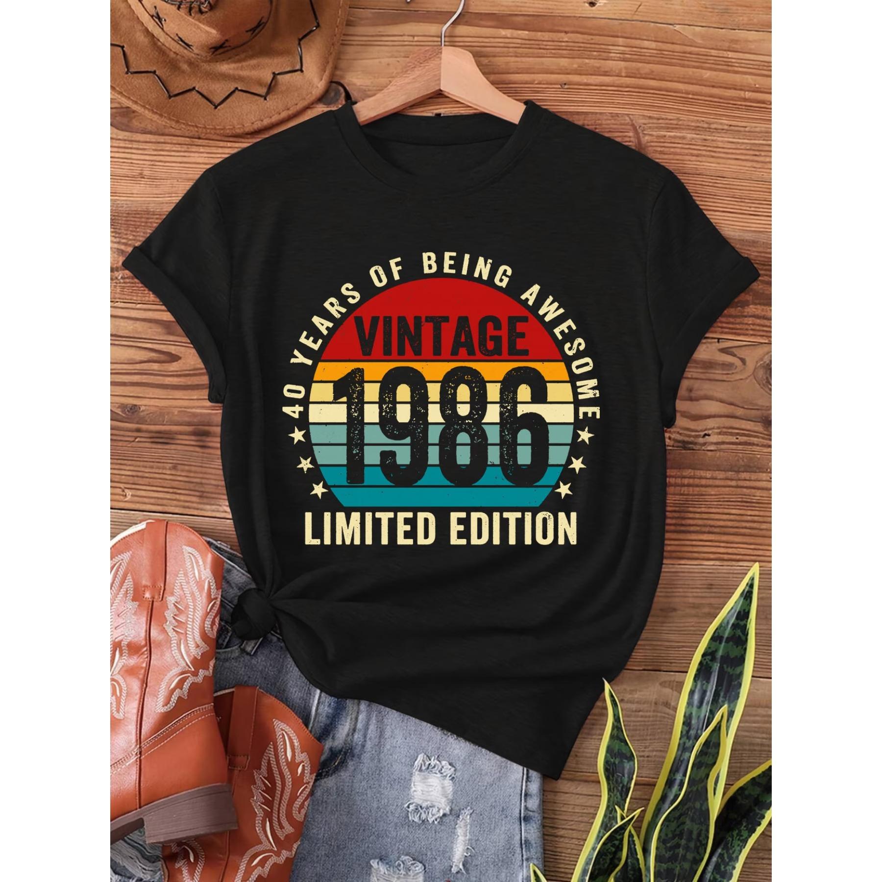 

Vintage Born in 1986 Retro 40 Years Old Print T-shirt, Short Sleeve Crew Neck Casual Top for Summer & Spring, Women s Clothing XXL чорний