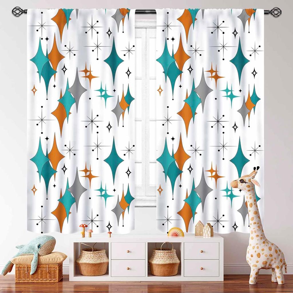 Mid Century Modern Curtains,Blue Orange Abstract Atomic Geometric Pattern Retro 1950S 1960S Style Window Treatments For Bedroom