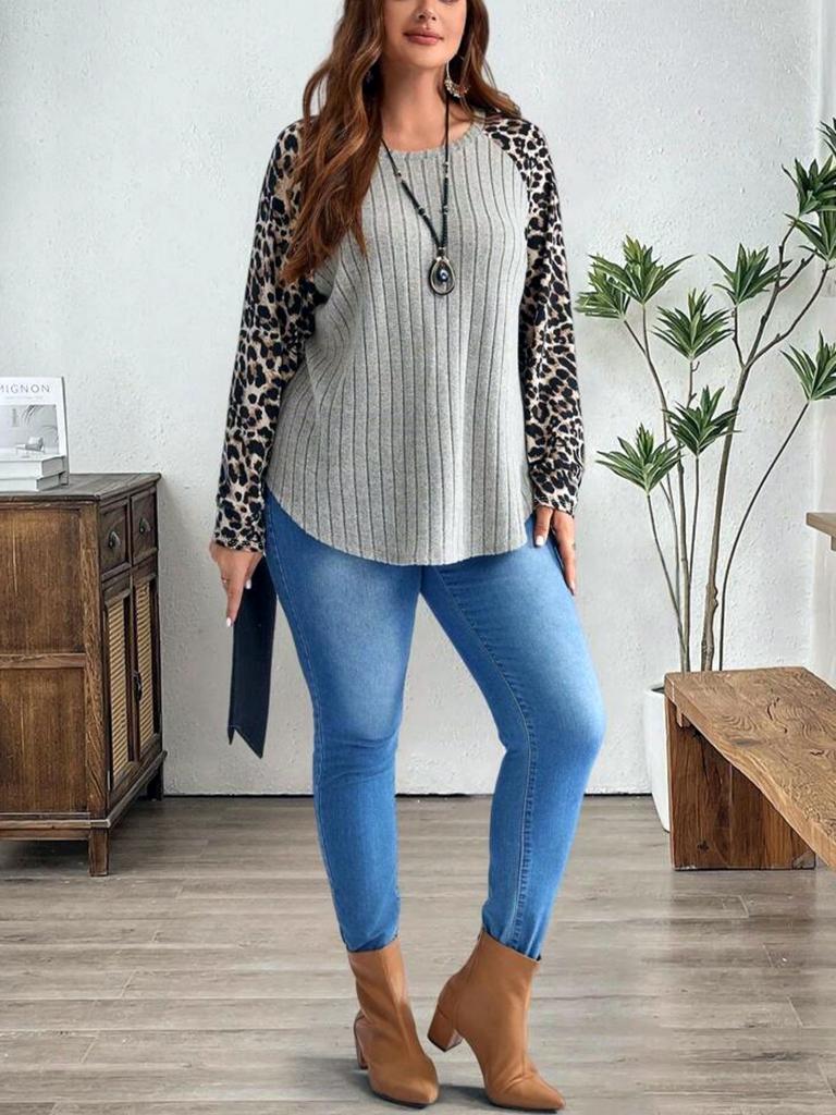 2024 Autumn/Winter New European and American Women's Clothing Hot-selling on Amazon Classic Leopard Patchwork Groove Long-Sleeve Top
