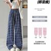 navy blue plaid wide-leg pants women's summer new high-waisted drape lazy slack retro straight casual pants