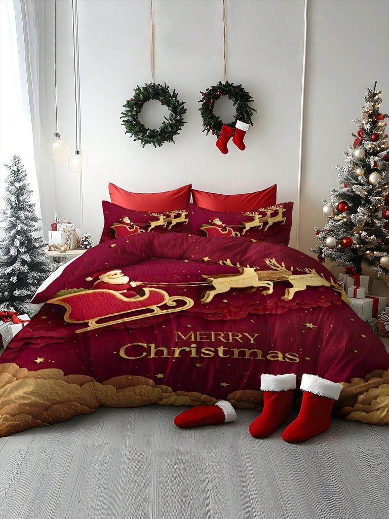 2/3pcs Christmas Tree, Gift, Snowflake, Deer, Santa Claus Pattern Digital Printing Brushed Duvet Cover Set, Soft & Comfortable