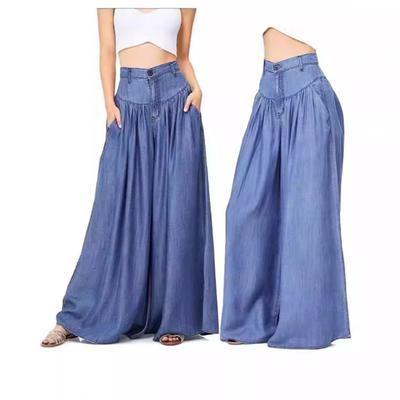 Dames Hoge Taille Geplooide Denim Palazzo Broek Wijde Pijpen Jeans met Zakken
