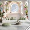 White staircase roses pigeons Digital printing polyester wall tapestry suitable for use in living rooms offices bars and party
