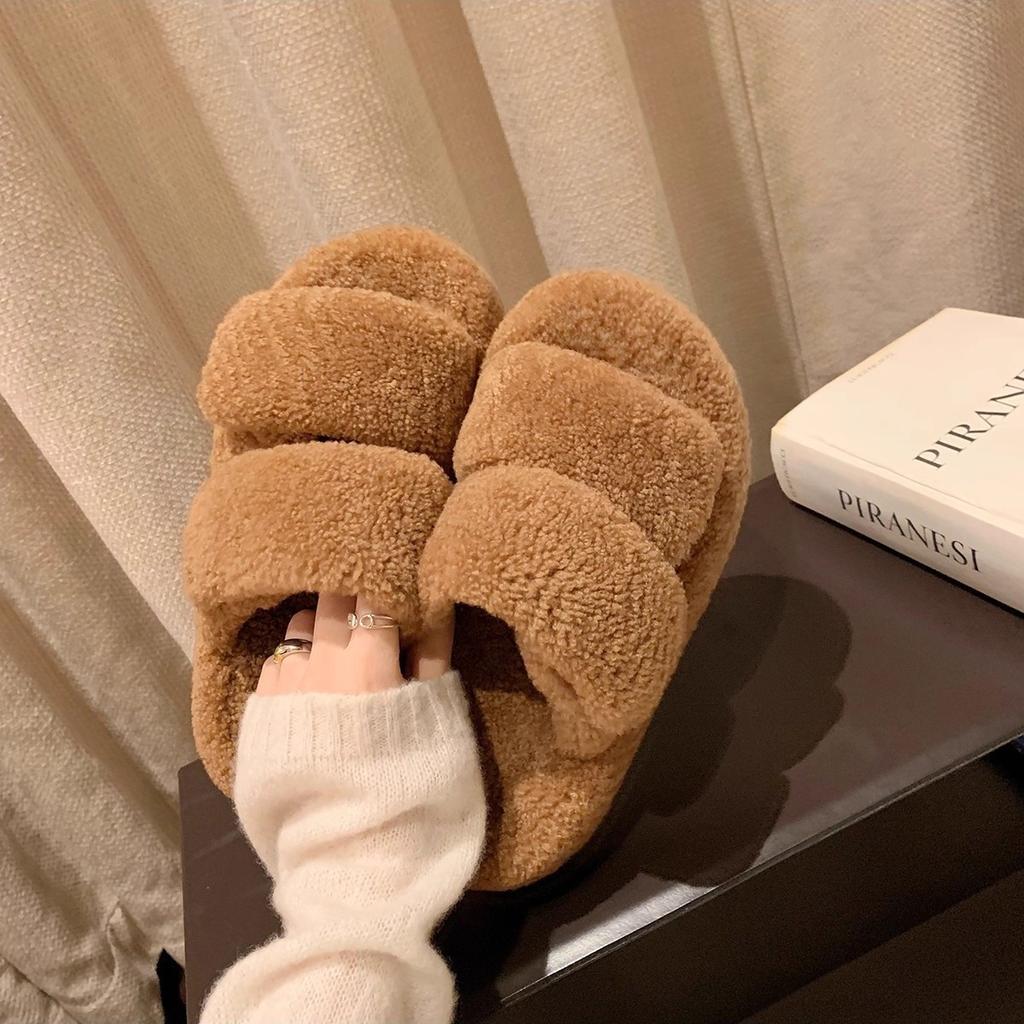 Height Increase of 5cm~ Soft Lazy Word with Fluffy Slippers Women's 2025 Autumn and Winter Muffin Thick-soled Cotton Slippers