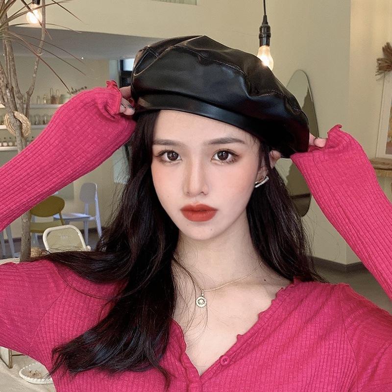 Retro Solid Color PU Leather Beret Hat for Women Casual Windproof Octagonal Caps Elegant Lady Artist Painter Flat Top Caps