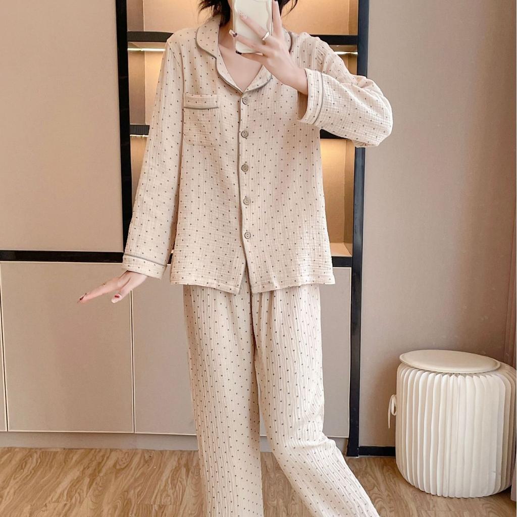 Pajamas Fresh Baby Cotton Crepe Spring Autumn Summer Thin Lapel Women's Long Sleeve Long Pants Double Gauze Loungewear Long Set