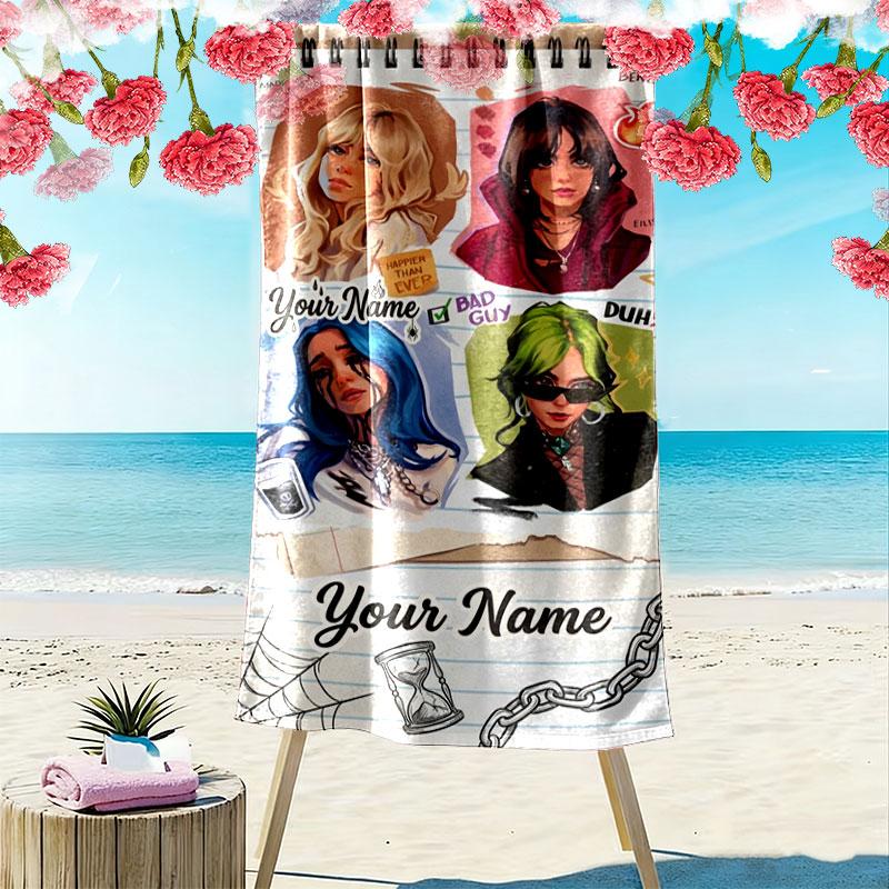 Billie Eilish Custom Name Print Beach Towel, Large Soft Quick Dry Towel for Beach Camping Swimming