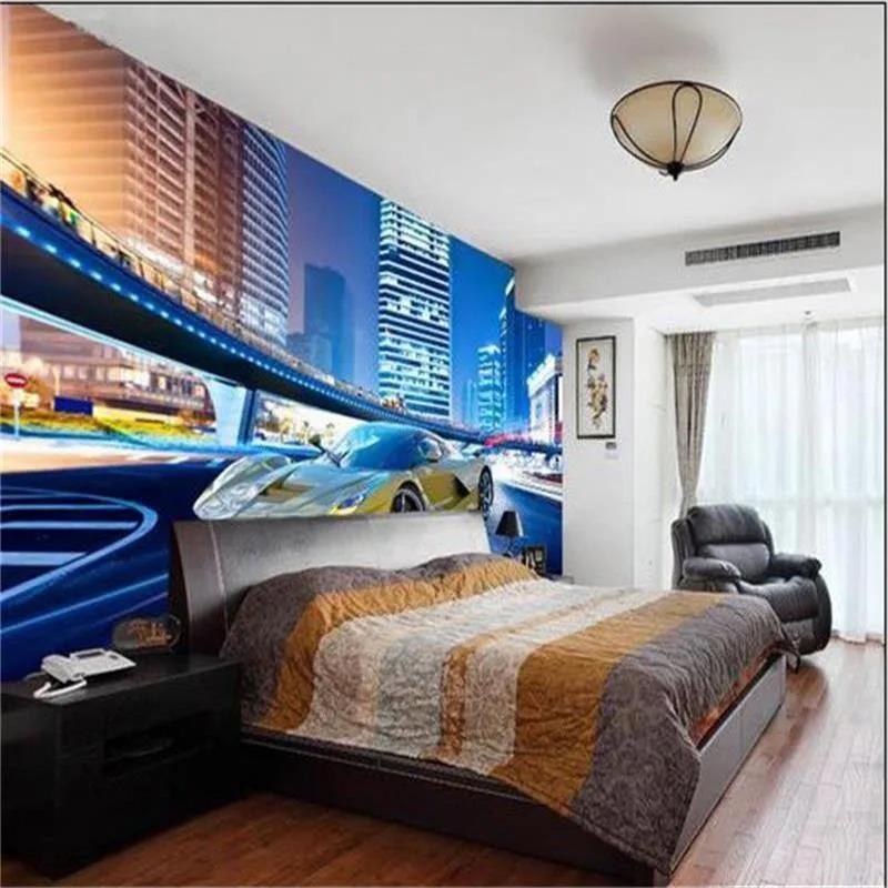 Gelbes Auto Tapete Stadt Nachtlandschaft 3d Wandbild Moderne Persönlichkeit Restaurant Clubs Tapete Dekor