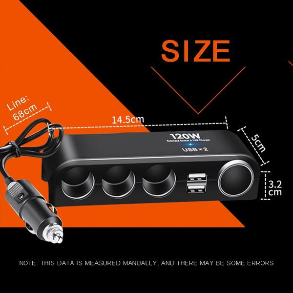 Car 4 Way Cigarette Power Socket Splitter 120w Dual USB Charging Extension Adapter