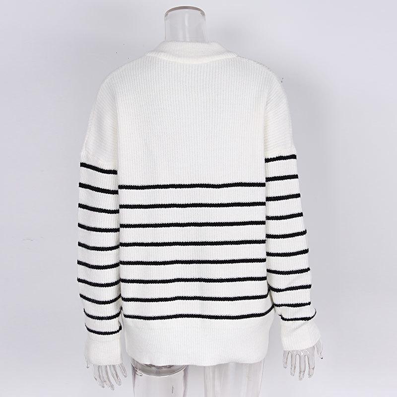 Striped Sweater Women Knitted Pullovers Autumn Winter Fashion Zipper Jumpers Long Sleeve Half High Collar Loose Pullover