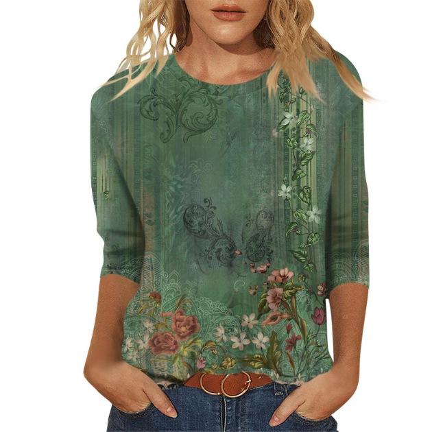 2026 Spring/Summer New Women's Fashion Printed Three-Quarter Sleeve Loose Round Neck Casual T-Shirt Top