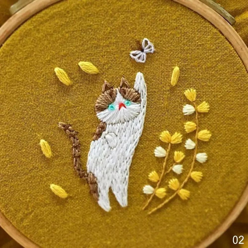 DIY Flower Cat Embroidery Handcraft Needlework Cross Stitch Kit Cotton Embroidery Painting Embroidery Hoop Home Decor