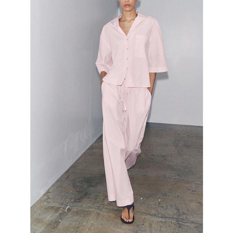 Cotton Blend Short Sleeve Lapel Short Shirts 2183062 Mid Waist Simple Wide Leg Casual Trousers 2183063