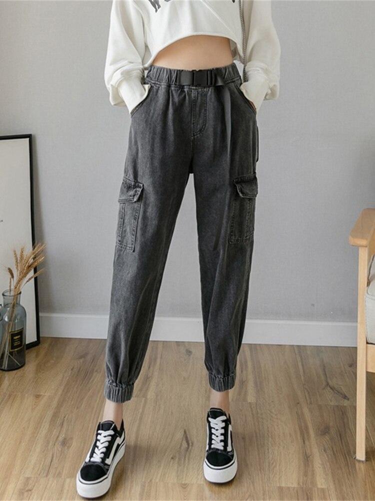 

2022 свободные корейские женские брюки для отдыха в стиле хип-хоп с карманами в стиле панк, джинсы с высокой эластичной резинкой на талии и пуговицами, шаровары в стиле Харадзюку, джинсовые повседневные карго XL