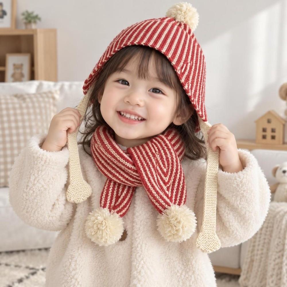 2Pcs/Set Stripe Knitted Pom Pom Hat Vintage Neck Warmer Casual Children Hat Scarf Set Outdoor