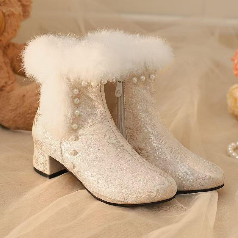 Women's Winter Block Heel Ankle Hanfu Boots Ethnic Style Round Toe Silk Plush Warm Zippers Cheongsam Boots Horse-Face Skirt Boot