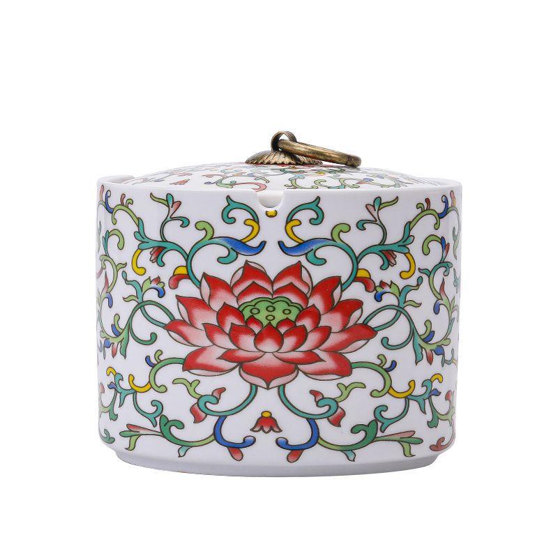 Creative Painted Flower Ceramic Ashtray Dustproof Office Ashtray with Lid Home Cylindrical Ceramic Ashtray Gift Home Decoration
