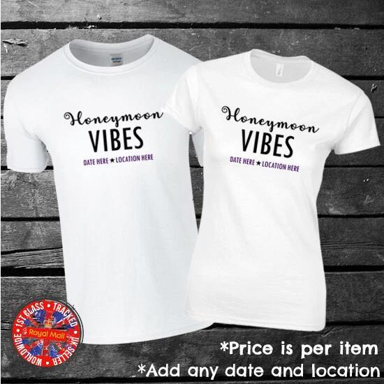 Honeymoon Vibes Personalised T-shirt, Matching, Couples, Set, Wedding, Gift 2XL