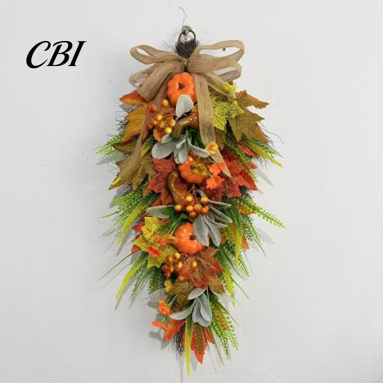 Christmas Tree Hanging Decorations Artificia Fall Teardrop Swag, Autumn Harvest Sunflowers Pumpkins Leaves Berries Door Farmhouse Fireplace