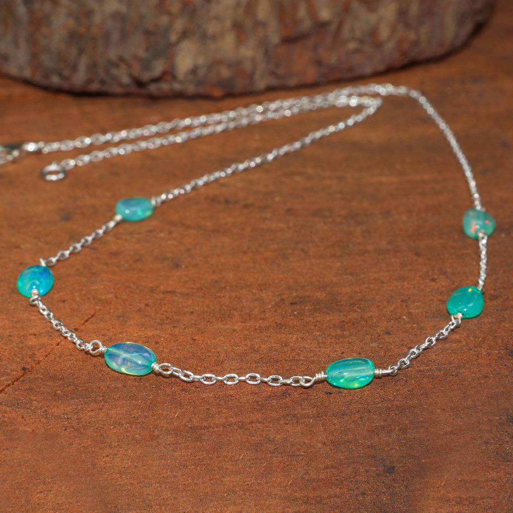 Collar de Cadena con Cuentas de Ópalo Verde Pulidas: Ópalo Etíope, Plata de Ley/Chapado en Oro