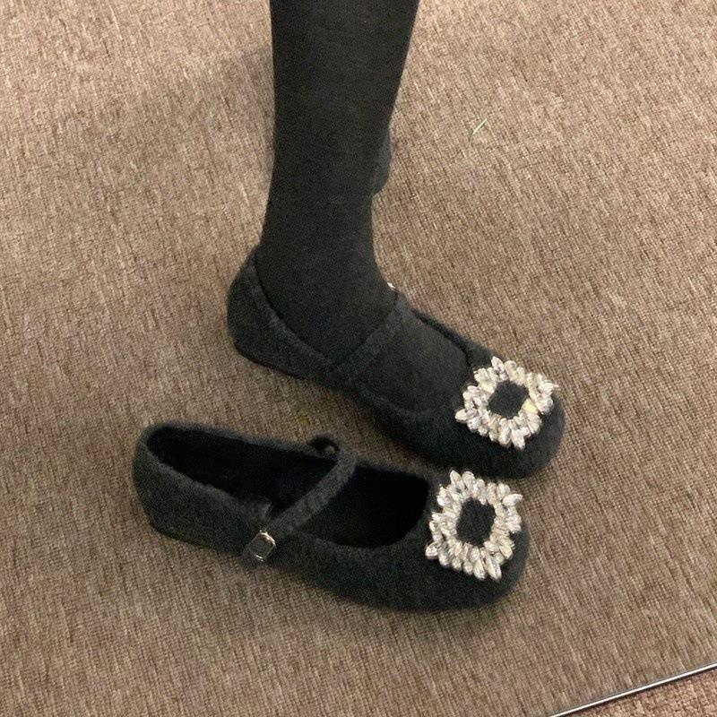 Rhinestone Mary Jane Single Shoes Plush Shoes Cotton Shoes Round Head Commuting Shoes