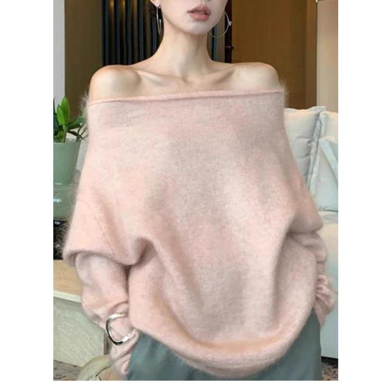 Hochwertiger weicher wachsiger rosa One-Shoulder Pullover Unterziehpullover für Damen im Herbst und Winter Fauler Stil Lockerer Innenoberteil