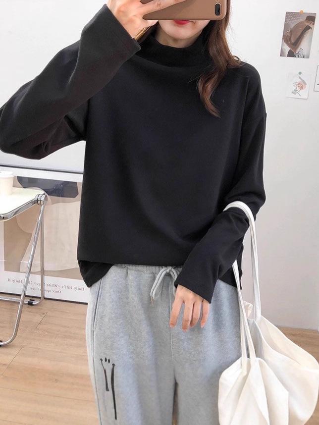 Women's Fashion Semi-High Neck Mid-Length Loose Long Sleeve Top - Autumn Base Layer T-Shirt