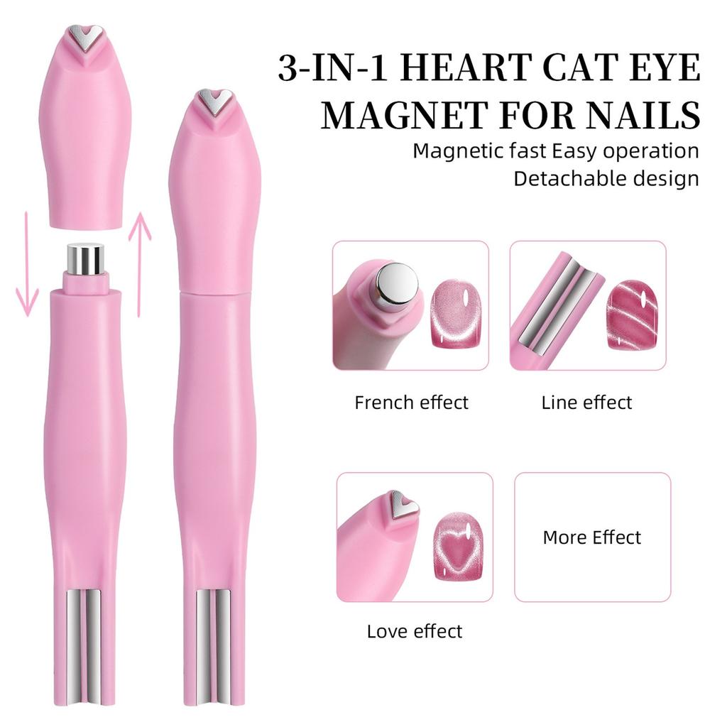 Imán 3D para Uñas Corazón de Amor 3 en 1 Efecto Ojo de Gato Doble Línea Patrón Luna Serpiente Uña Francesa Atracción UV Palo Magnético Manicura